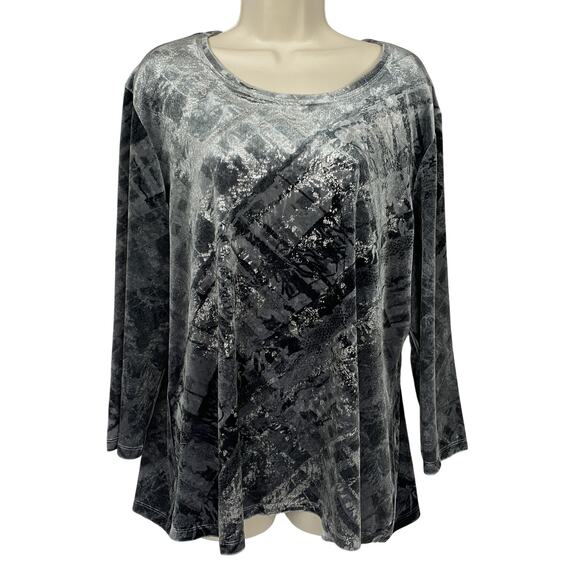Chicos Top Size 3 Gray Black Stretch Velour Metallic Abstract Dressy Holiday XL - Picture 1 of 9
